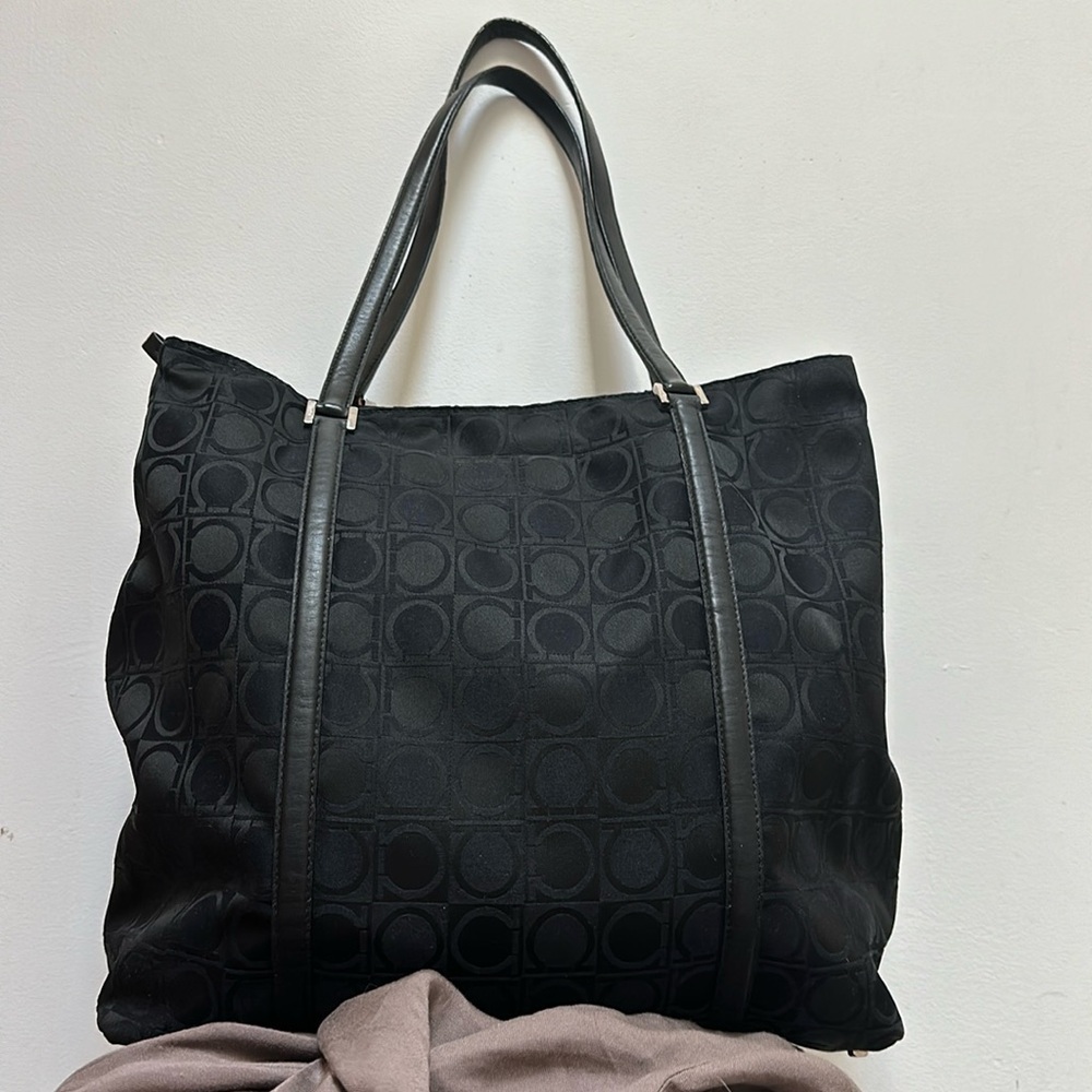 Salvatore Ferragamo Bagriculture Black Nylon Leather Trim Multi Compartment Tote